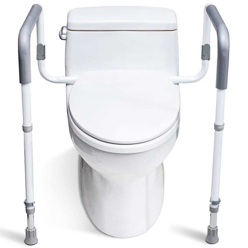 WeHwupe Toilet Safety Rails for Elderly Adults Adjustable Bathroom Toilet Safety Frame with Handles Stand Alone Toilet Grab Bar for Senior Handicap DisabledFits Most Toilets White TRX8002